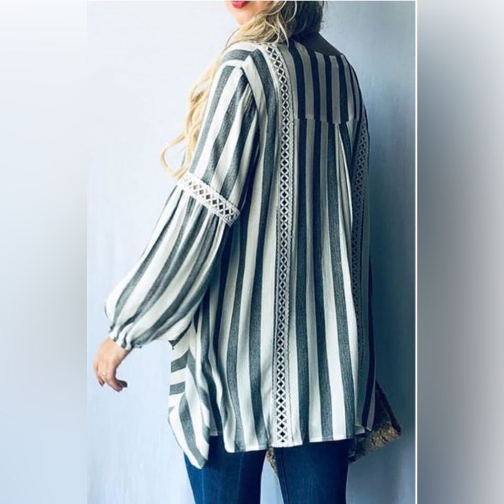 ANDTHEWHY black/white stripe open lace accent bishop sleeve flowy boho top. NWT. - Picture 2 of 13
